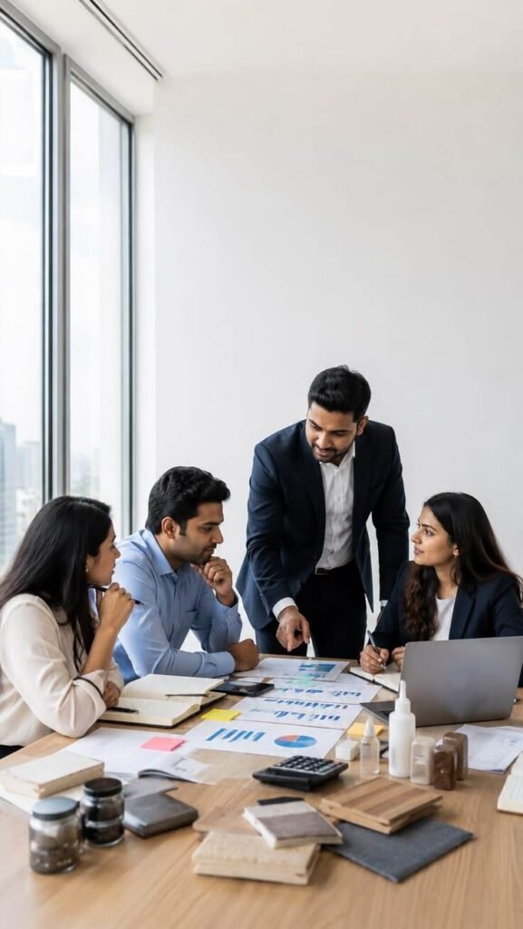 group of successful professionals happily collaborating on business