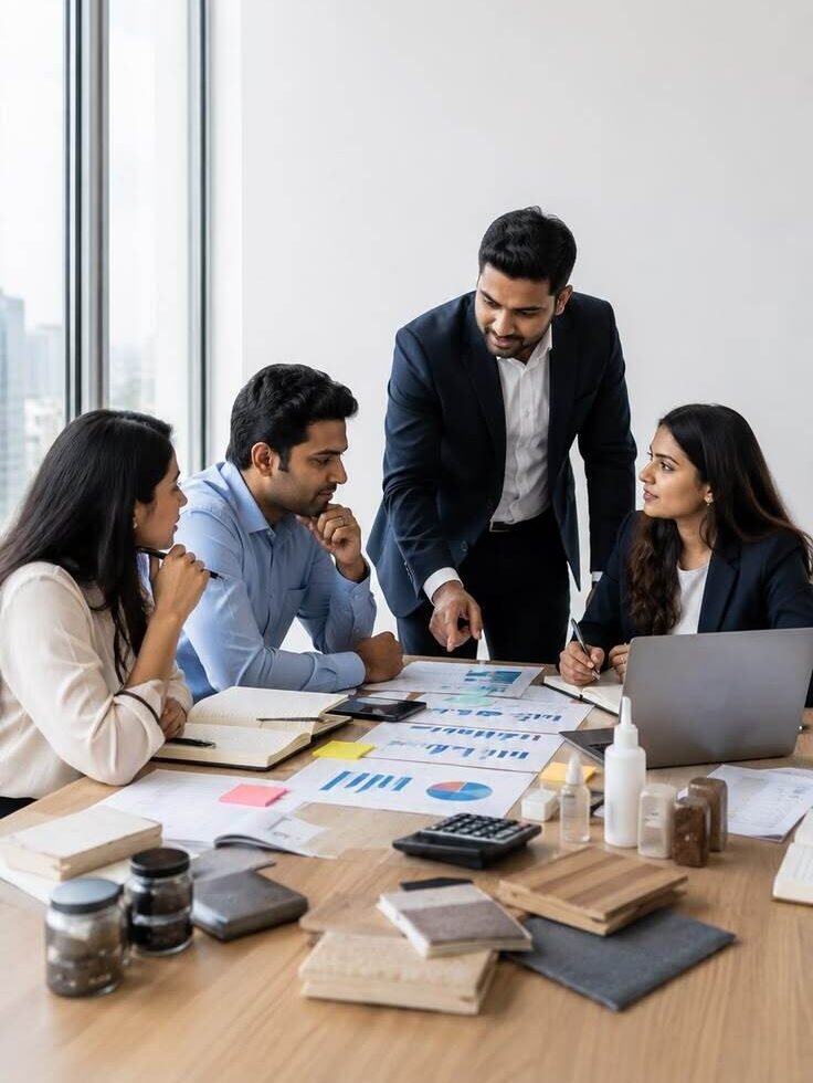group of successful professionals happily collaborating on business